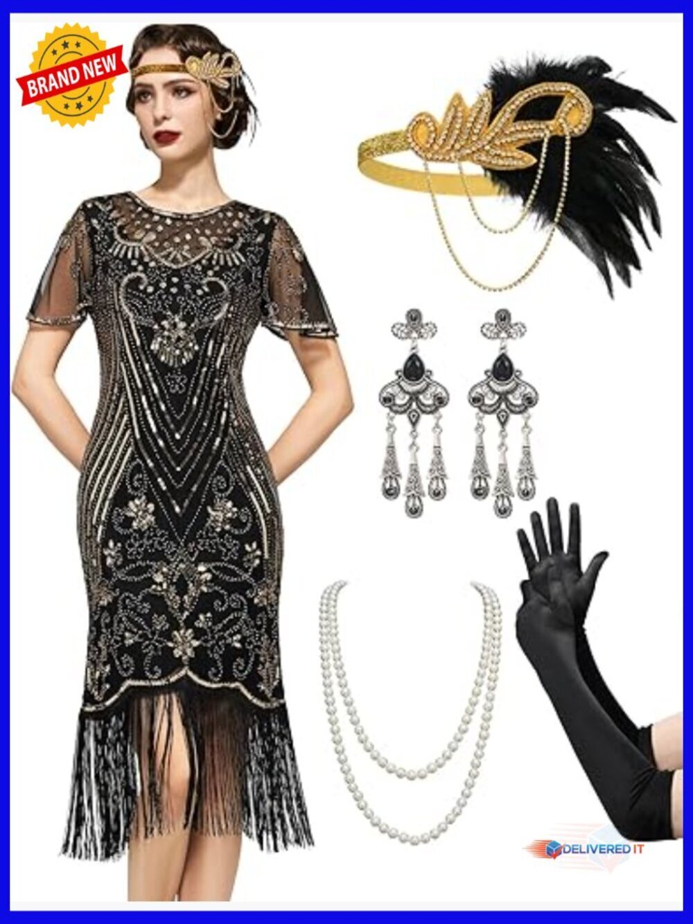 1920s Flapper Dress with Lace Neck Fringe Short Sleeves Sequin Beading